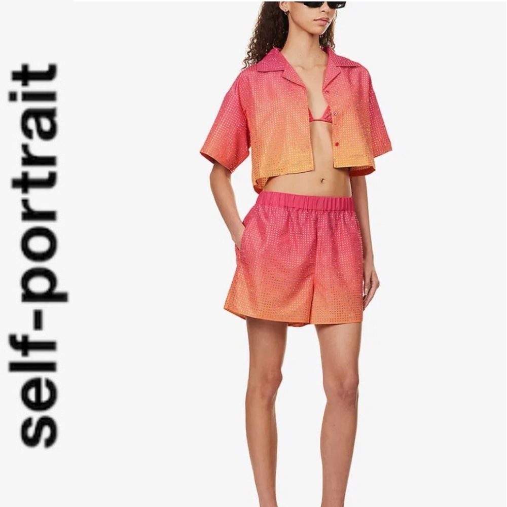 NWT Self Portrait Pink Ombré Crystal Embellished Hotfix Taffeta Shorts 2 - Picture 5 of 16